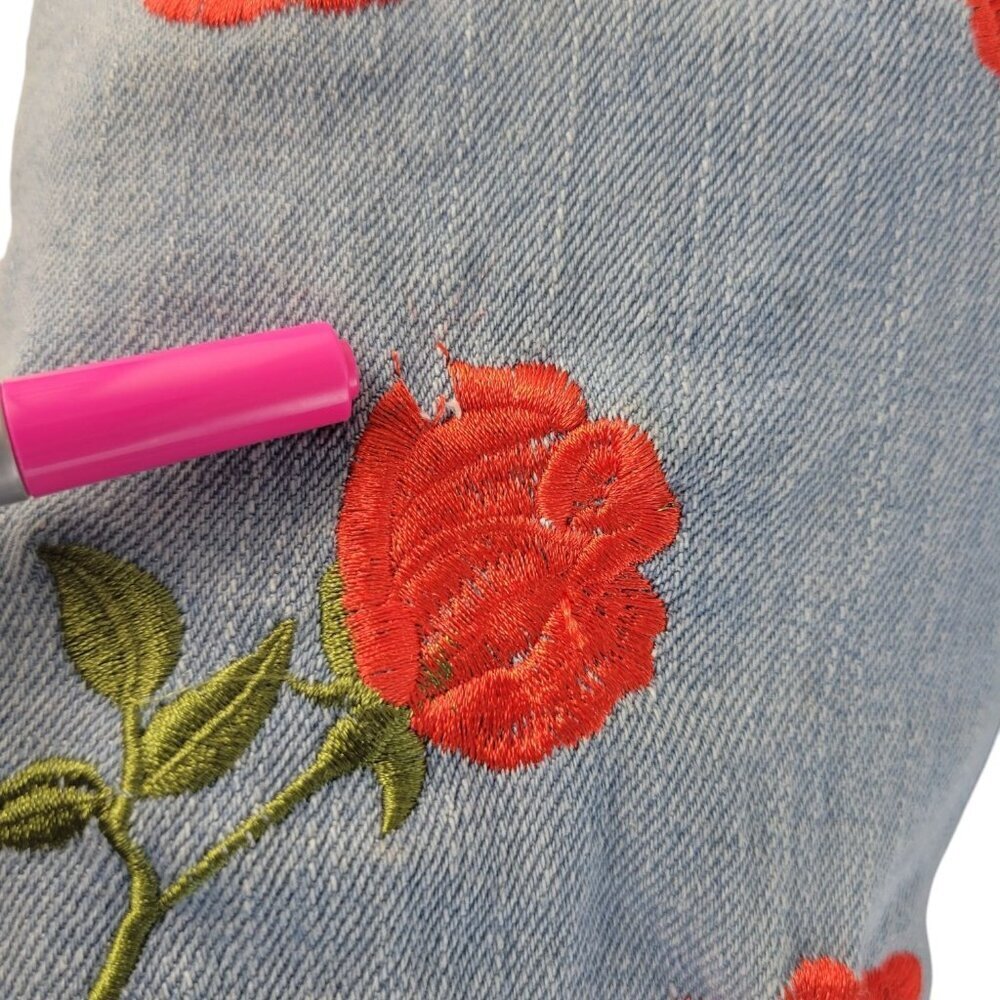 Akira Floral Embroidered Boots Sz 6.5 Thigh High Denim Peep Toe Stiletto 4.5" - Picture 6 of 16